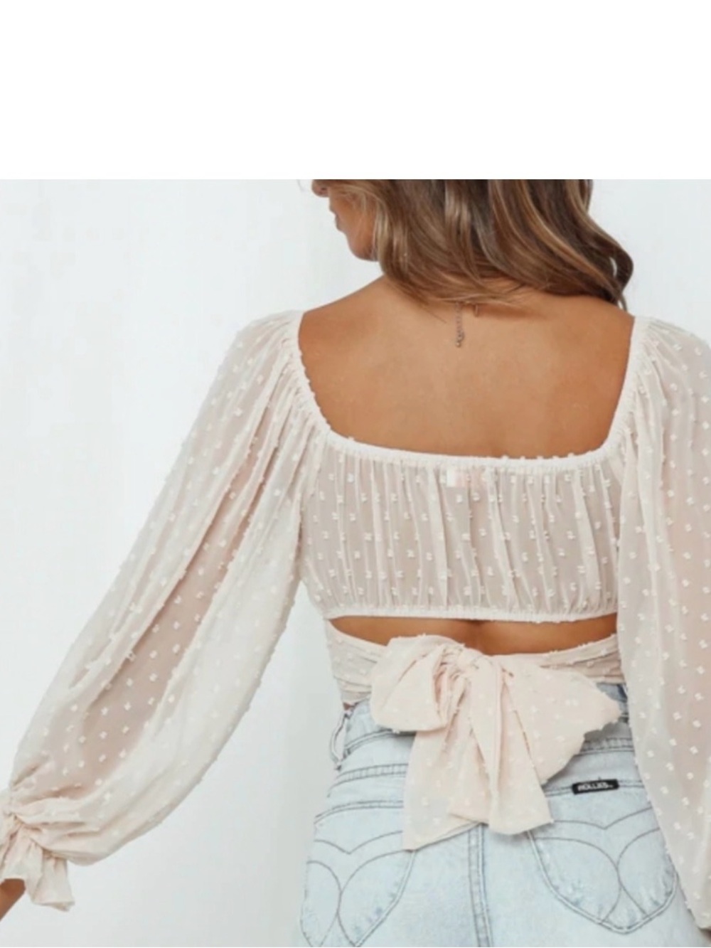 Hello Molly Pale Blush Swiss Dot Tie-Back Peasant Top